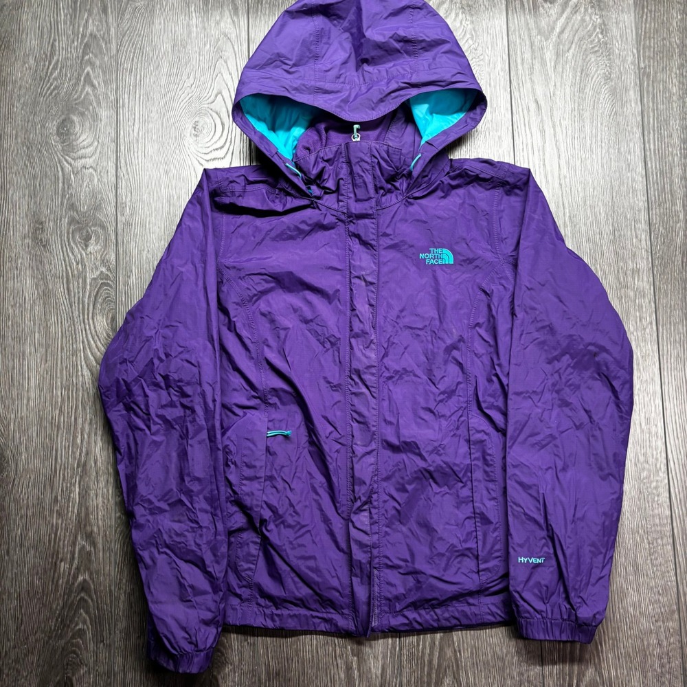 The North Face Womens HyVent Rain Jacket Purple Teal Hooded Shell Large L